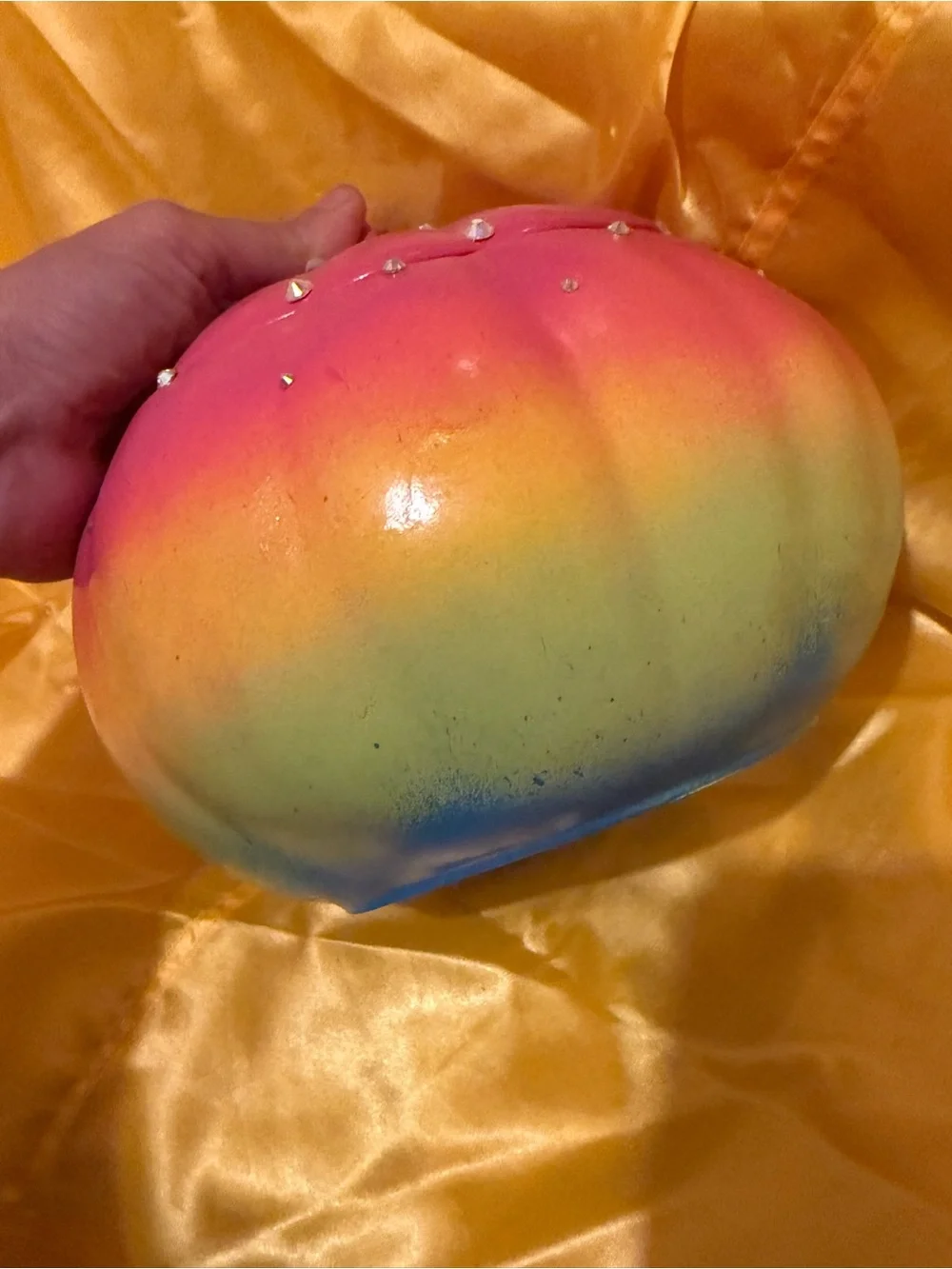 Hand painted Rainbow Ceramic Pumpkin Accent Jar with Rhinestone accents